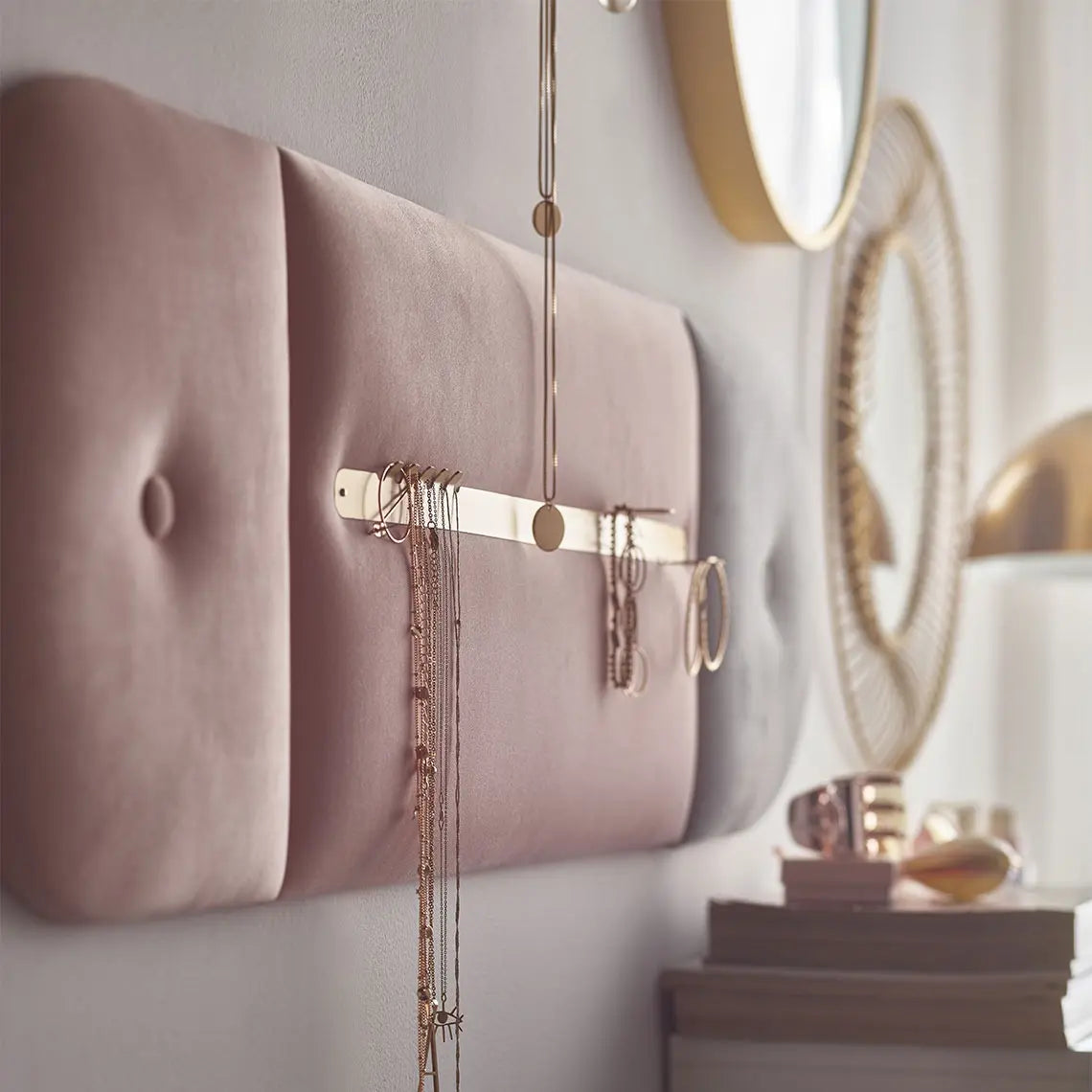 Padded Wall Boards Accessories - Decorative Strip 2 Gold on pink panel with jewellery Decormania UK